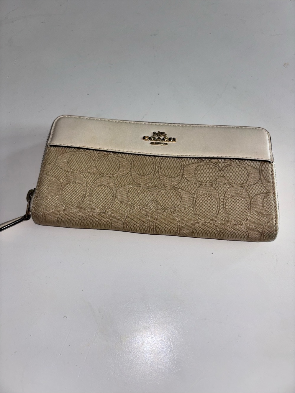 Coach Tan Signature Canvas Zip Wallet with Cream Trim